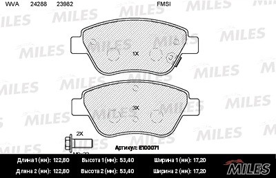 Колодки тормозные передние (без датчика + болты) (Смесь Semi-Metallic) OPEL CORS E100071 MILES