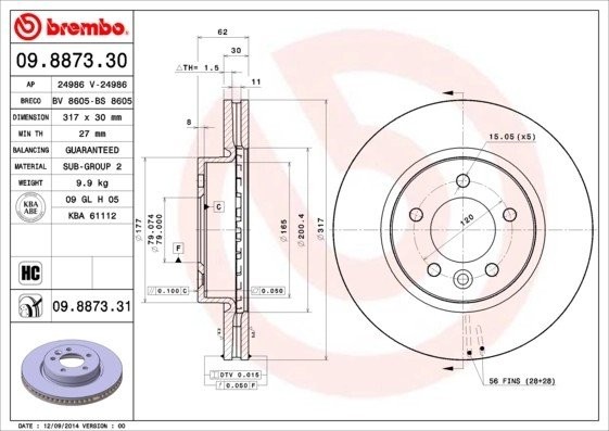 Диск тормозной 09.8873.31 09.8873.31 BREMBO