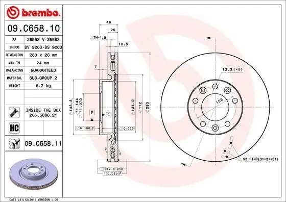 Диск тормозной PEUGEOT 308 (13-) передний (1шт.) BREMBO 09.C658.11 BREMBO