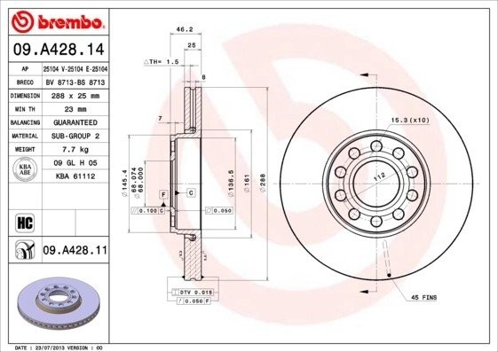 ДИСК ТОРМОЗНОЙ BREMBO, 09.A428.11, СТРАНА ВВОЗА - ГЕРМАНИЯ 09.A428.11 BREMBO