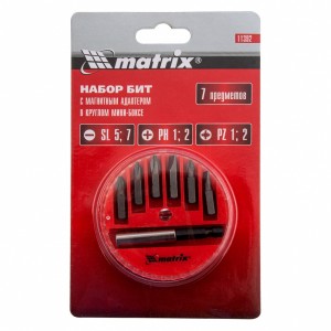 Набор бит 1/4" PH,PZ,SL с держателем магнитным 7 предметов в боксе MATRIX 11392 MATRIX