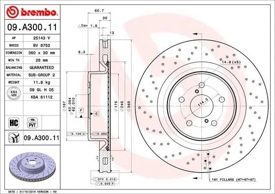 09.A300.11 диск тормозной передний перфорированный!\ Lexus IS II (E20) 07> 09.A300.11 BREMBO