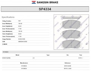 Колодки тормозные HYUNDAI Sonata (14-) передние (4шт.) SANGSIN SP4334 SANGSIN