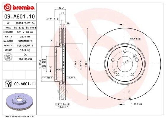 09.A601.10 диск тормозной передний!\ Hyundai Santa Fe 2.7i V6/2.2CRDi 2WD/4WD 06 09.A601.10 BREMBO
