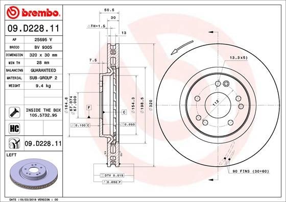 ДИСК ТОРМОЗНОЙ ПЕРЕДНИЙ ЛЕВЫЙ MB W124/SL R128 2.8-7.3 (D=320) 09.D228.11 BREMBO