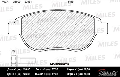 Колодки тормозные передние (без датчика + болты) (Смесь Semi-Metallic) CITROEN C E100115 MILES