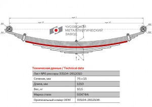 лист рессоры! №6 задняя L=1210mm (11-ти листовая) \ ГАЗ 33104 Валдай 331042912106 OMK AUTO