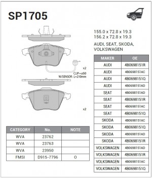 Колодки тормозные AUDI A6,Allroad (00-) передние (4шт.) SANGSIN SP1705 SANGSIN