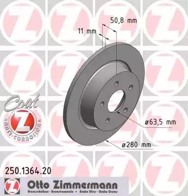 диск тормозной !задн. 280x11/51-5x108 \ Ford C-Max II 1.0/1.5 EcoBoost 12> 250136420 ZIMMERMANN