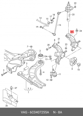 Кулак поворотный AUDI A1 (02-) передний левый OE 6C0 407 255 A VAG