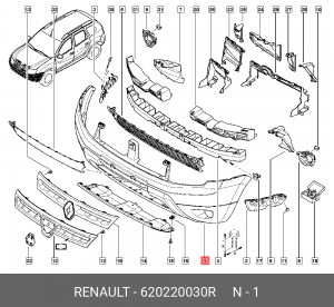 Бампер RENAULT Duster передний (c отверстиями для ПТФ) OE 620220030R RENAULT