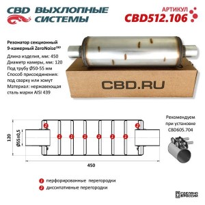 Резонатор универсальный d=55,L=450мм (внешн. d=120мм) секционный 9-камерный нерж CBD512.106 CBD