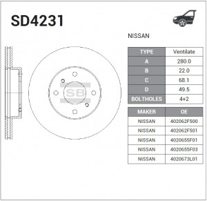 Диск тормозной NISSAN Almera (N16),Primera (P11) передний с АБС (1шт.) SANGSIN SD4231 SANGSIN