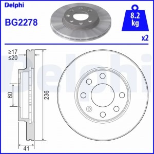 Диск тормозной передний DAEWOO NEXIA, CHEVROLET AVEO T250 (236мм) BG2278 BG2278 DELPHI