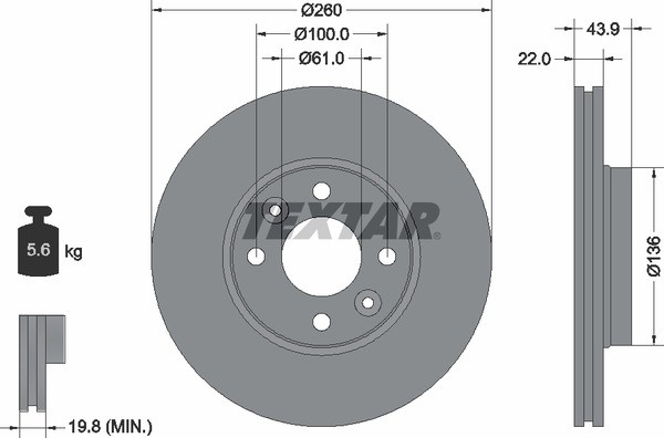 Диск тормозной NISSAN Note,Micra RENAULT Clio (05-) передний 1шт (min 2шт.) 92119203 TEXTAR