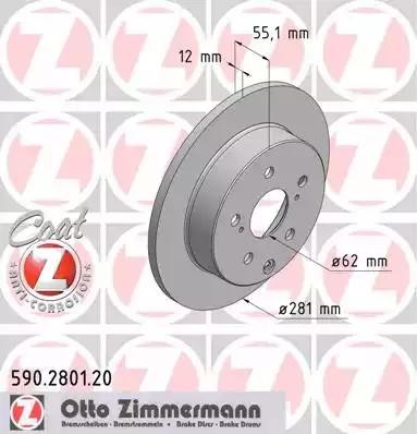 диск тормозной !задн. 281x12/55-5x114 \ Toyota RAV4 2.0VVT-i/2.2 D-4D/D-CAT 03.0 590280120 ZIMMERMANN