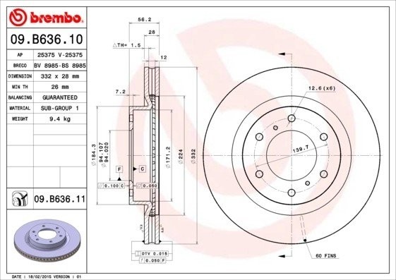 Диск тормозной MITSUBISHI Pajero (06-) передний (1шт.) BREMBO 0.9B63611 BREMBO