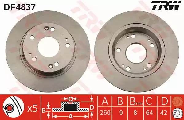 Диск тормозной задний HONDA CIVIC VII-IX DF4837 DF4837 TRW