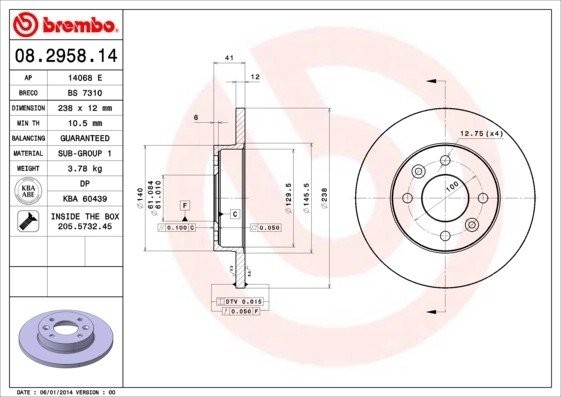 Диск тормозной 08.2958.14 08.2958.14 BREMBO