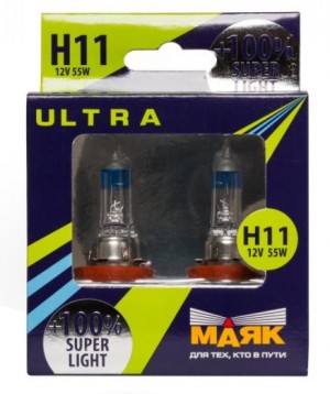 Лампа галогенная H11 12V 55W "Маяк" (Super Light +100% ) (2 шт.) 82110 SL+100 MAYAK