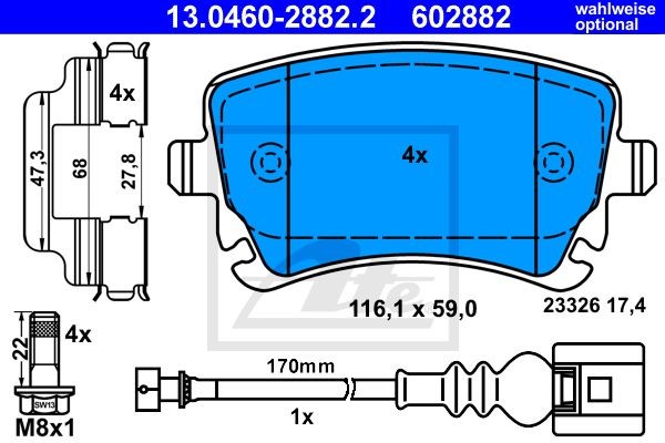 13.0460-2882.2 897 11=908 011B-SX !колодки дисковые з.\ VW T5/Caravelle 2.0i/3.2 13.0460-2882.2 ATE