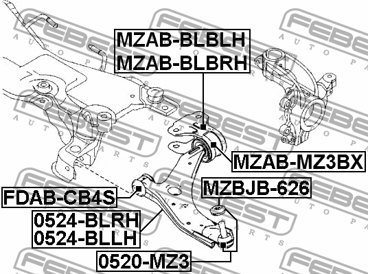 Сайлентблок рычага задн левый FORD FOCUS III CB8 2011-2014, MAZDA 3 09-13 MZAB-B MZAB-BLBLH FEBEST