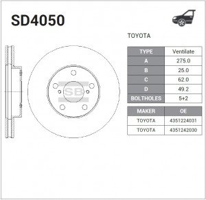 Диск тормозной TOYOTA Rav 4 (00-05) передний (1шт.) SANGSIN SD4050 SANGSIN