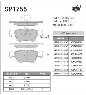 Колодки тормозные передние MB W202 2.3/2.4/2.8/W210 2.0-3.0D 95 SP1755 SP1755 SANGSIN