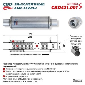 Резонатор с диффузором и наполнителем нержавеющая сталь CBD CBD421.001 CBD