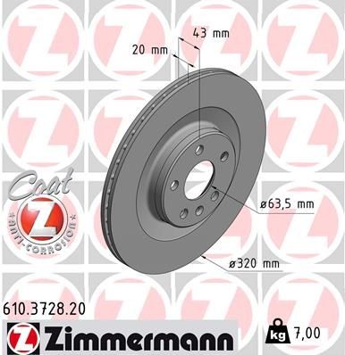 диск тормозной !задн. 320x20/43-5x108 \ Volvo S90/XC60 2.0/3.0/3.2/2.0D/2.4D 15> 610372820 ZIMMERMANN