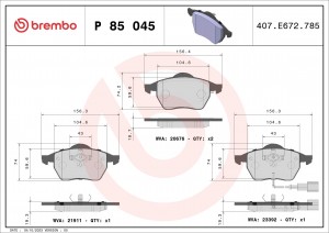 Колодки тормозные VW Golf (97-06) AUDI A3 (93-06) SKODA Octavia (97-10) передние P85045 BREMBO