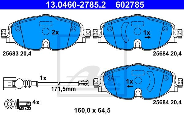 13.0460-2785.2 колодки дисковые передние!\ Audi A3, VW Golf VII 1.2TSI-1.8TFSI/2 13.0460-2785.2 ATE