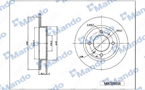 Диск тормозной HYUNDAI Elantra (97-) (1.6/1.8/2.0) задний (1шт.) MANDO MBC030016 MANDO