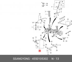 Рычаг подвески SSANGYONG Korando (96-) продольный задний нижний левый (L=485.00м 4550105302 SSANG YONG