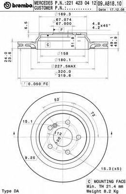 09.A818.11 диск тормозной задний!\ MB W221/R230 5.5 M273 05> 09.A818.11 BREMBO