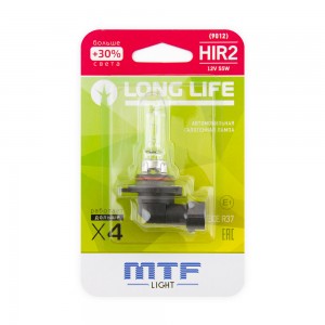 Галогенная лампа MTF Light автомобильная HIR2 9012 12V 55W LONG LIFE x4 блистер  HLL12H2B MTF