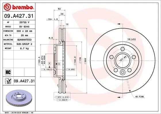 Диск тормозной VOLVO S60 (10-),S80 (06-),XC70 (07-) передний (1шт.) BREMBO 09.A427.31 BREMBO