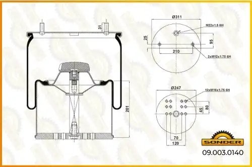 Пневморессора Premium со стаканом (металл) 2шп.-M12 + 1 отвер.M22 под возд. — 3  090030140 SONDER