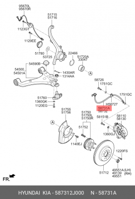 Шланг тормозной KIA MOHAVE 07- передний левый 587312J000 MOBIS