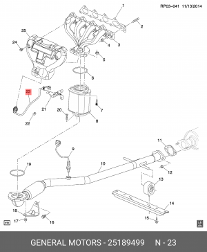 Датчик кислорода CHEVROLET Cruze (09-) (1.6) верхний (катализатор с колектором)  25189499 DAEWOO