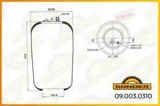 Пневморессора Premium без стакана 1 шп.-штуц.M16х1.5мм,1 шп.-штуц. M16/24х1.5мм  090030310 SONDER