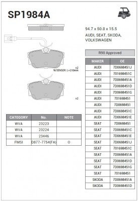 Колодки тормозные дисковые VW T4 1.8/2.0/2.5/1.9D/TD/2.4D &Syncro 90-98 SP1984A SP1984A SANGSIN