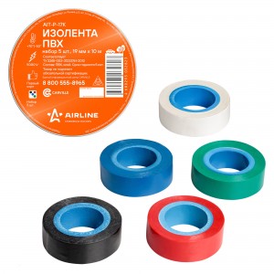 Изолента ПВХ, набор 5 шт. в компл.(син.,чёр.,кр.,зел., бел.), 19 мм 10 м AIT-P-1 AIT-P-17K AIRLINE