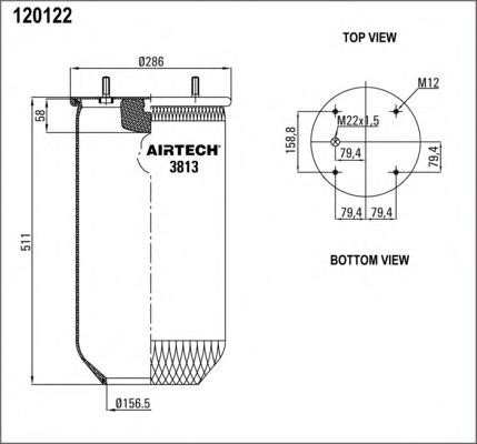пневмоподушка без стак. !h511 4шп.M12. 1отв.штуц.M22. Н: 1отв. SAF/Trailor/МАЗ/R 3813P AIRTECH
