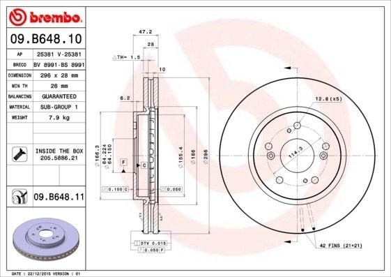 09.B648.10 диск тормозной передний!\ Honda CR-V III 2.0/2.2i-DTEC 07> 09.B648.10 BREMBO