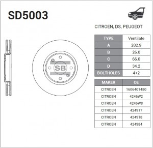 Диск тормозной CITROEN BERLINGO +ESP/C5/C4/PEUGEOT 207 05/307 05 передний SD5003 SD5003 SANGSIN