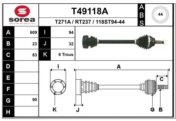 T49118A_!привод прав.\ Renault Laguna AD4 autom. ABS 609mm 94 T49118A EAI