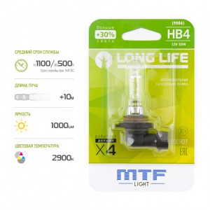 Лампа 12V HB4 55W P22d +30% блистер (1шт.) Long Life MTF HLL12B4B MTF