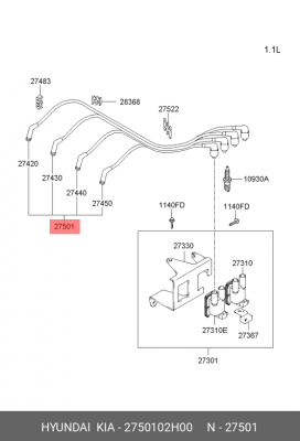 Провод высоковольтный HYUNDAI Getz (03-) (1.1) KIA Picanto (04-) (1.0/1.1) компл 2750102H00 HYUNDAI KIA