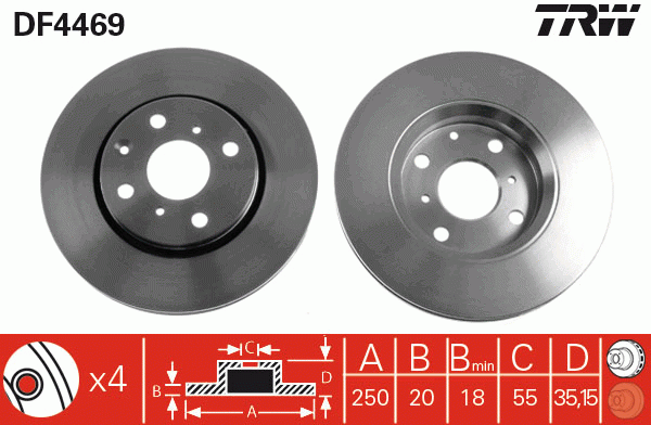 Диск тормозной передний CITROEN C1, PEUGEOT 107, TOYOTA AYGO DF4469 DF4469 TRW